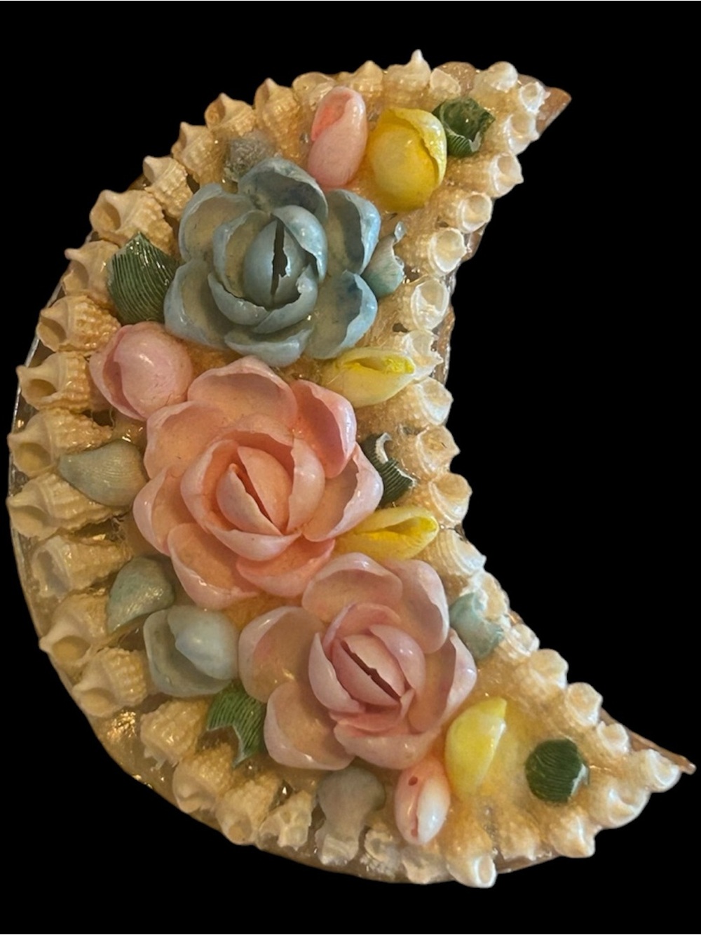 1930-40s Shell Crescent Moon Brooch Pastel Floral Bouquet Carved Shell Jewelry - Picture 2 of 3